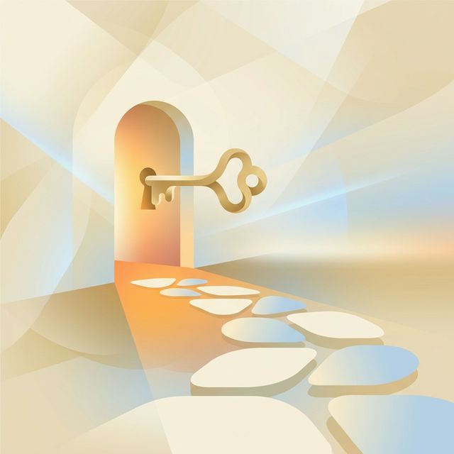 Golden key and stepping stones illustration representing first-time homeownership