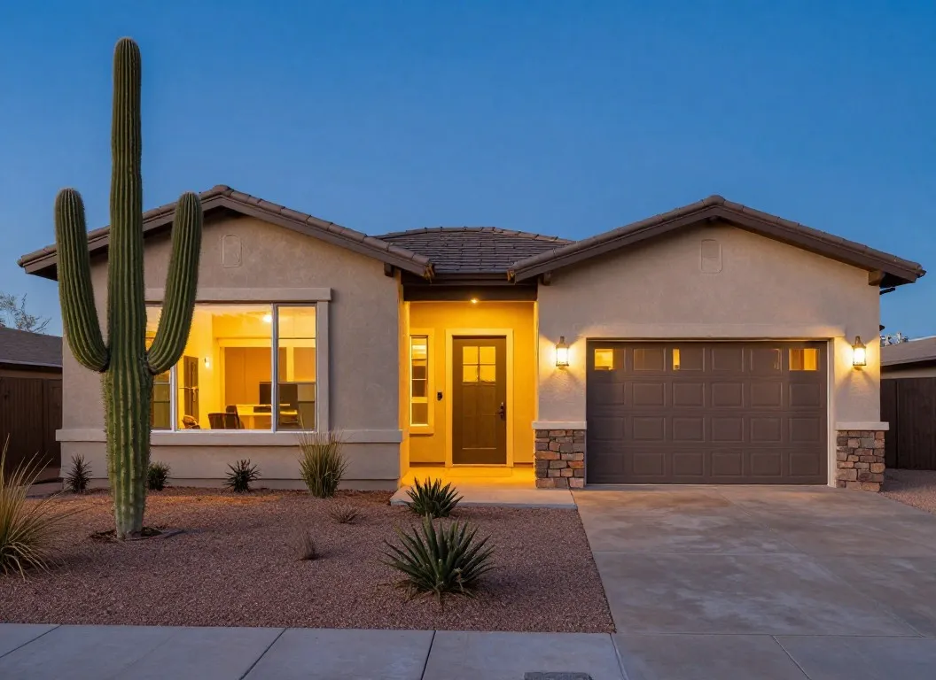 Modern Arizona home with desert landscaping at golden hour