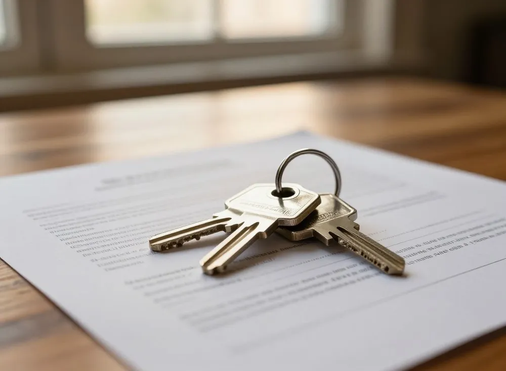 House keys resting on signed closing documents