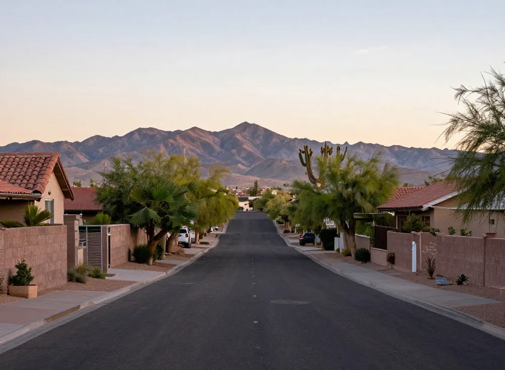 Quiet Arizona suburban street with desert landscaping and distant mountains