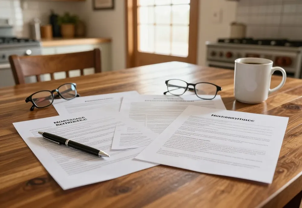 Refinance paperwork, a pen and reading glasses on a kitchen table