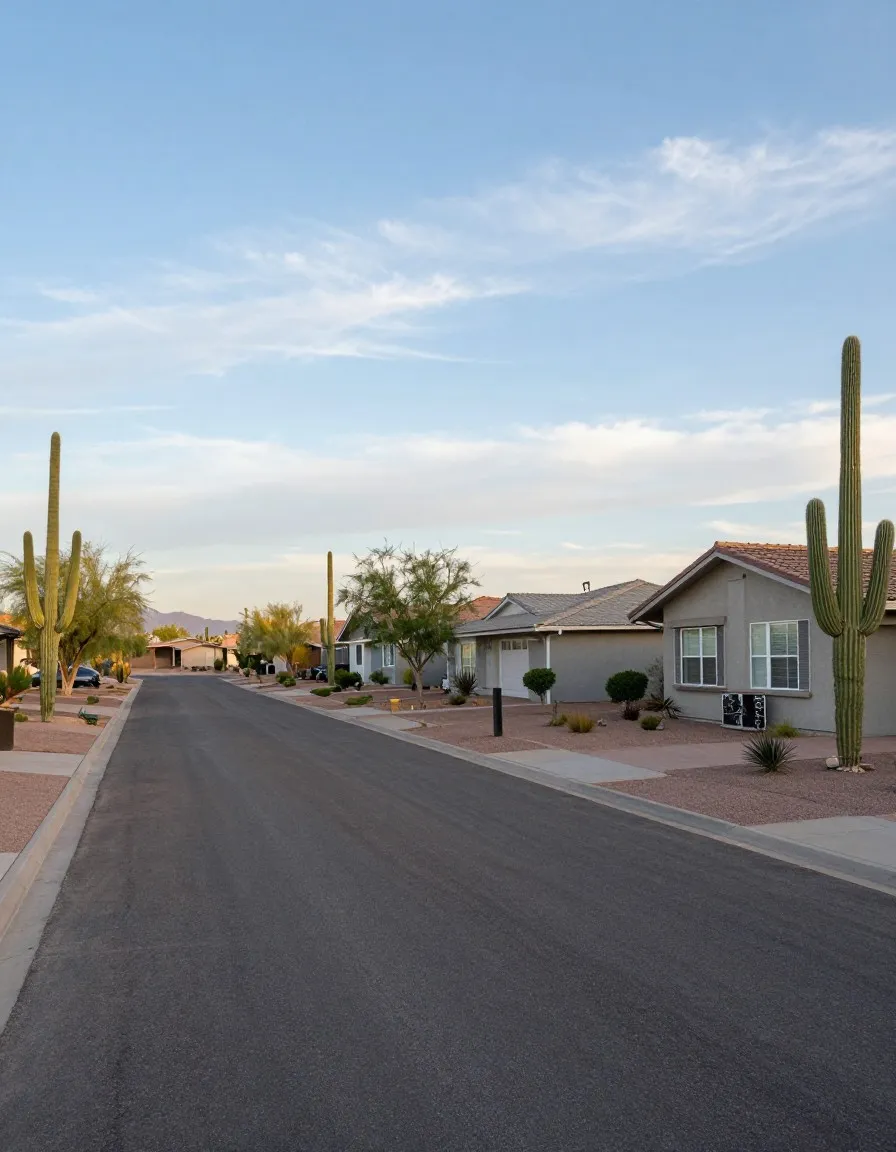 A quiet Arizona street of single-story ranch homes with desert landscaping