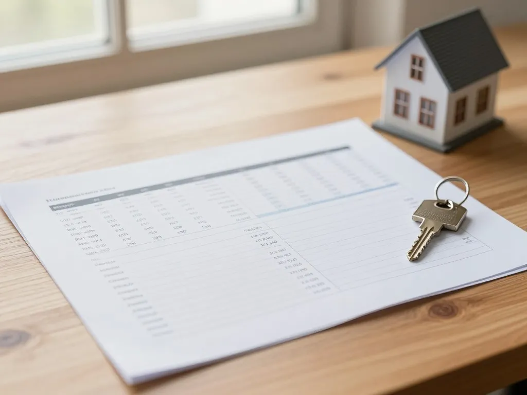 A printed spreadsheet on a wooden table beside a small model house and a set of keys