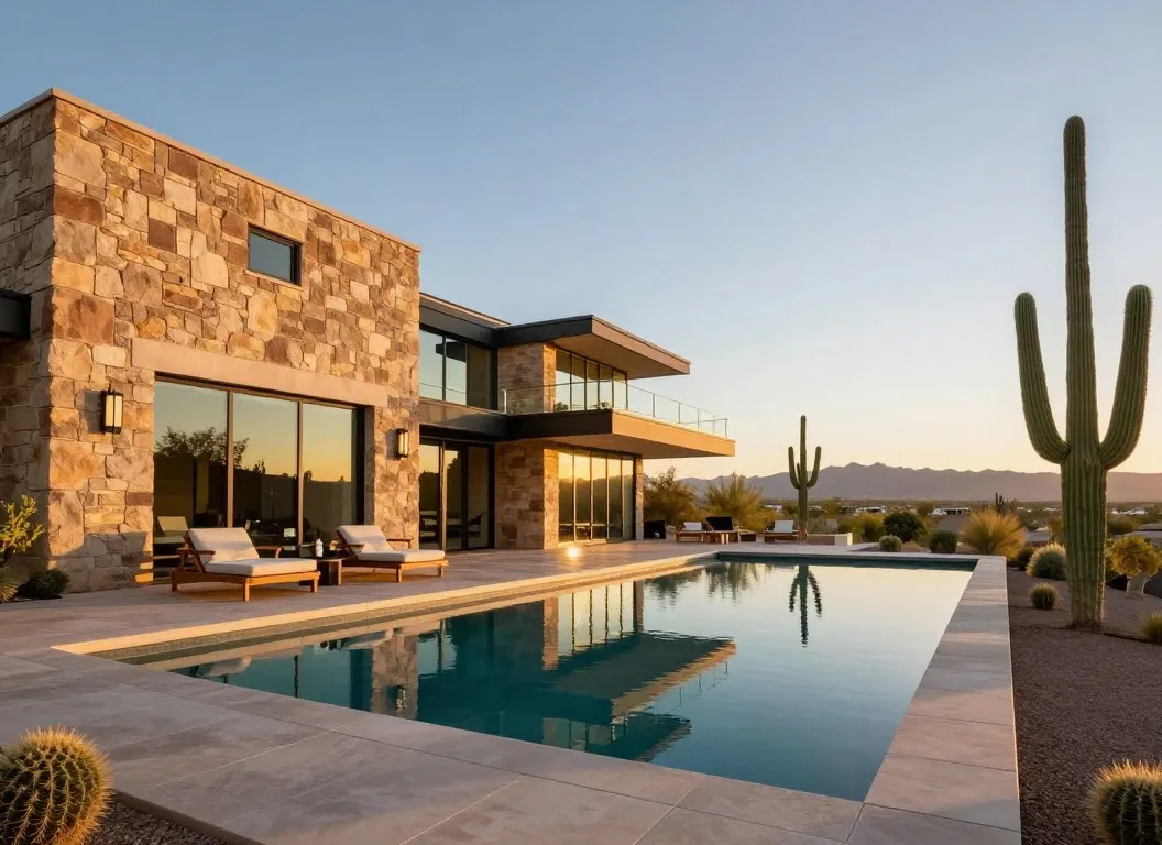 A two-story Arizona home with a tile roof, three-car garage, and desert landscaping