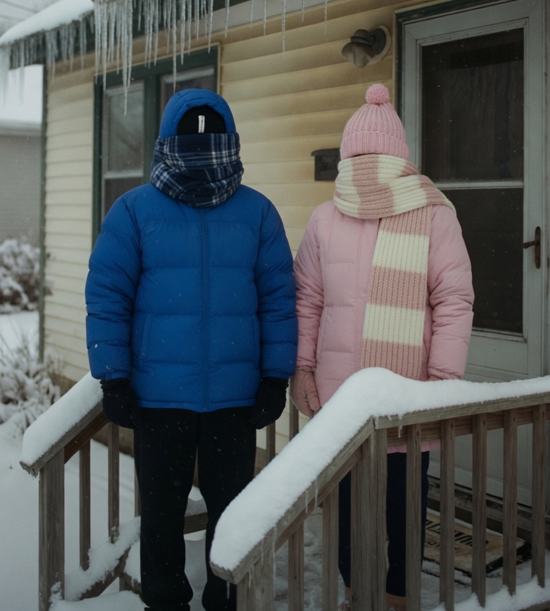 Two newlyweds bundled head-to-toe in winter gear, one in a blue puffy jacket and one in pink, standing on an icy Michigan porch with icicles hanging from the roof