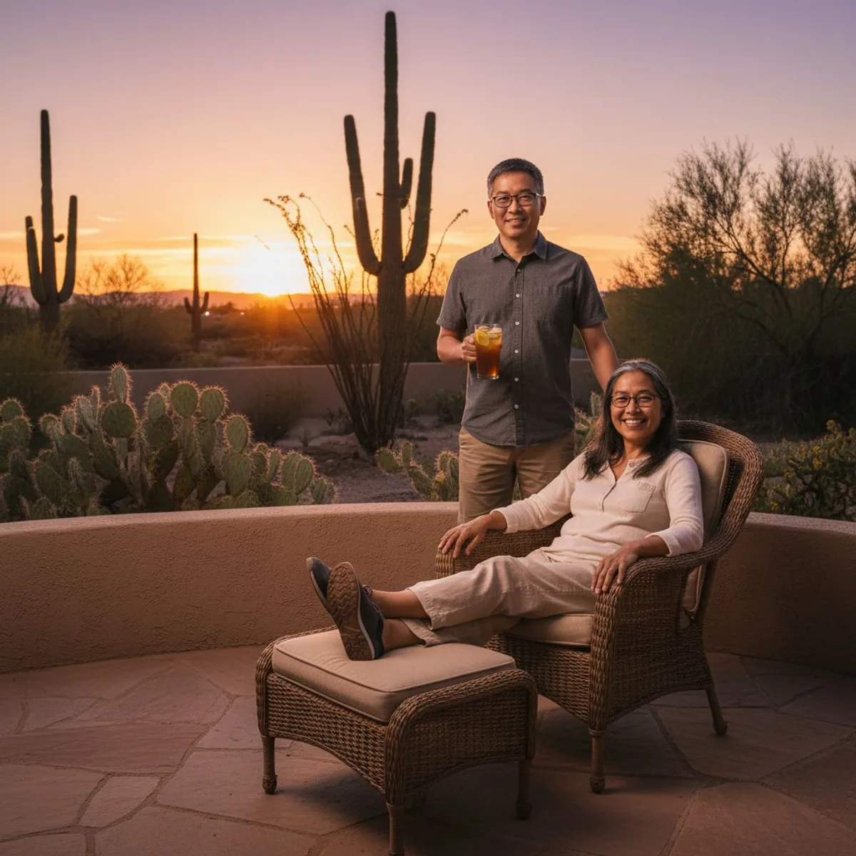 A couple relaxing on the back patio of their Arizona home at golden hour, saguaros and desert landscaping behind them