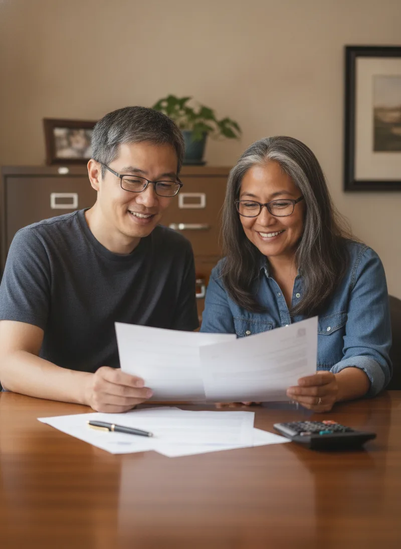 A smiling couple reviews loan papers together across a desk, seen from the loan officer’s side