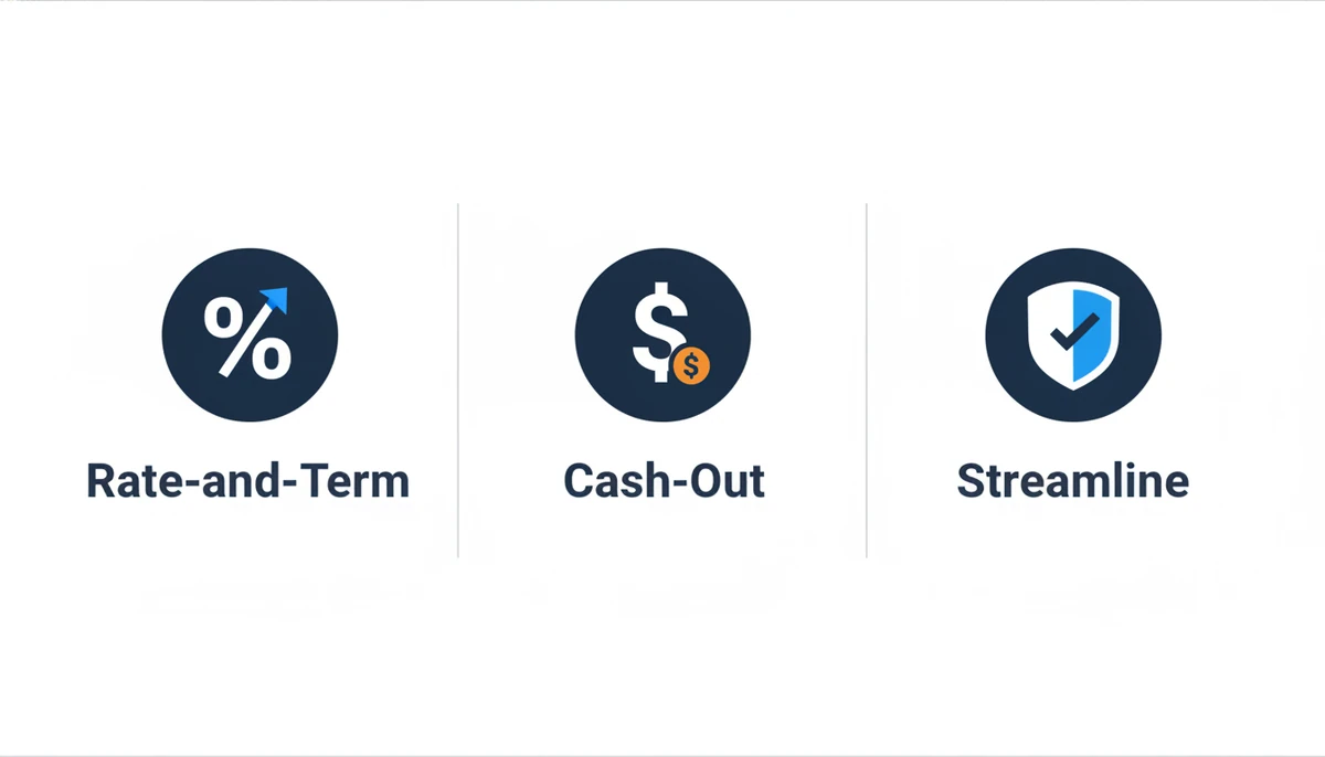 Three flat icons in navy circles labeled Rate-and-Term, Cash-Out, and Streamline
