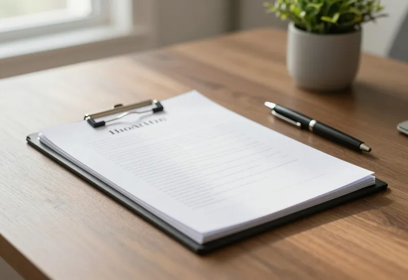 Dining table with a folder of home documents and a potted plant in afternoon light