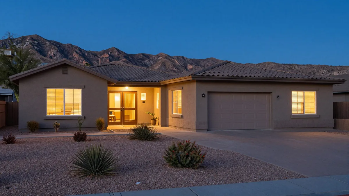 Modern Arizona townhome exterior at dusk with desert landscaping and mountains behind