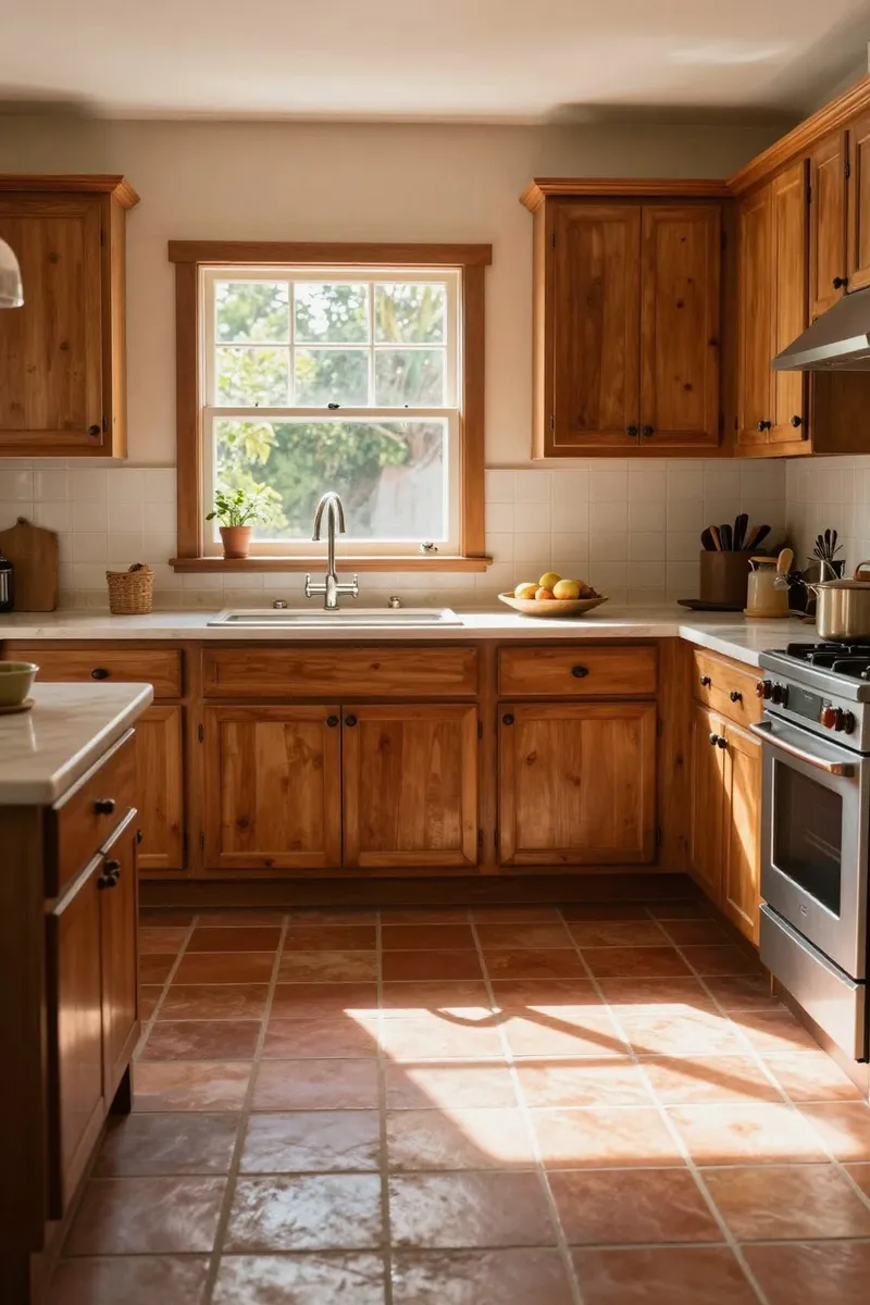 Southwest kitchen with terracotta tile floors and warm wood cabinets in morning light