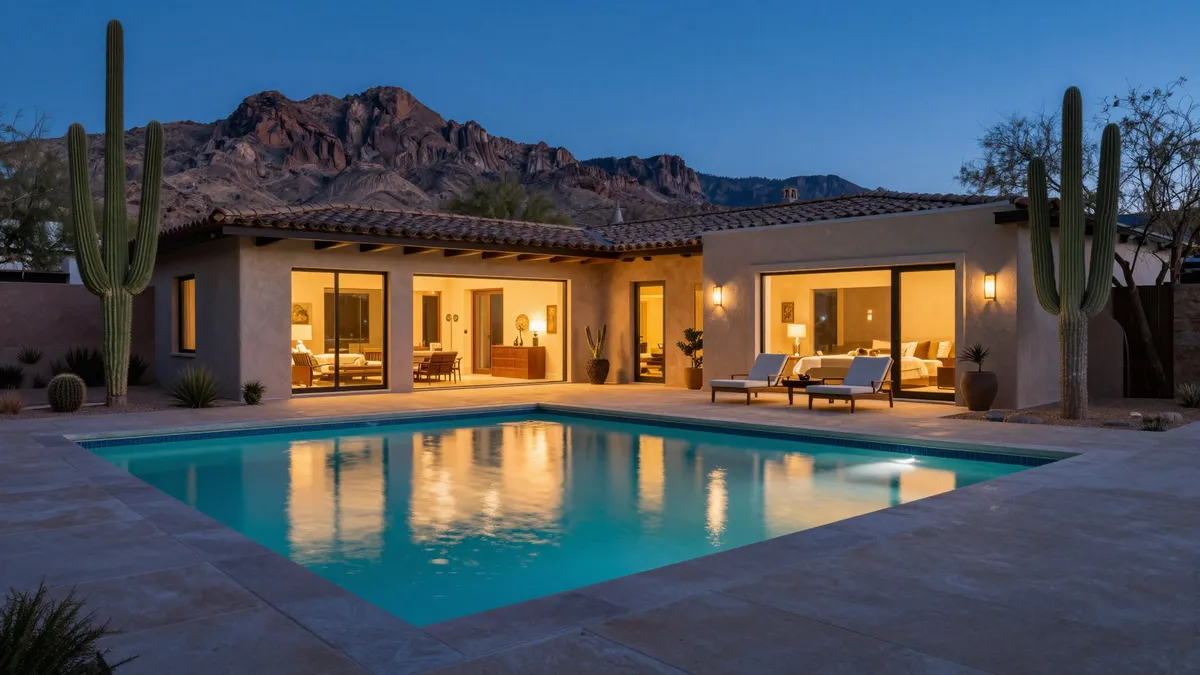 Luxury Arizona estate with pool and desert mountain backdrop at twilight