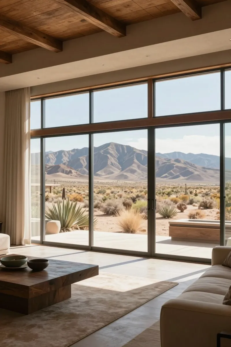 Luxury great room with floor-to-ceiling windows overlooking desert mountains