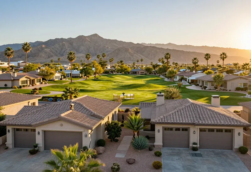 Aerial golden-hour view of Scottsdale-style luxury homes with desert mountains beyond