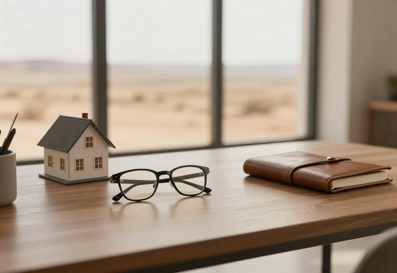 Elegant desk with reading glasses and a small model house beside floor-to-ceiling windows