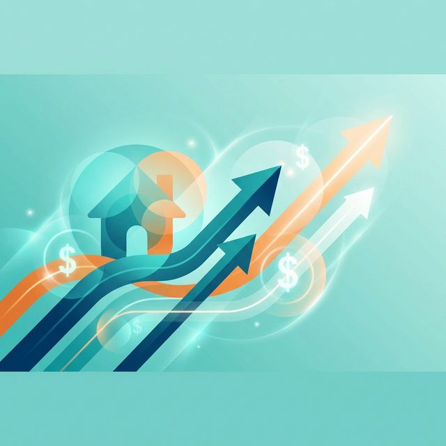 Upward flowing arrows and house transformation illustration representing financial growth