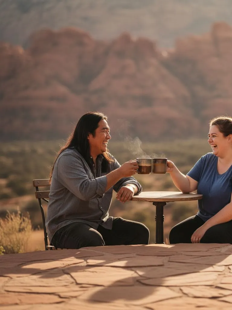 The couple toasting coffee mugs at a patio table, Sedona red rocks blurred behind them