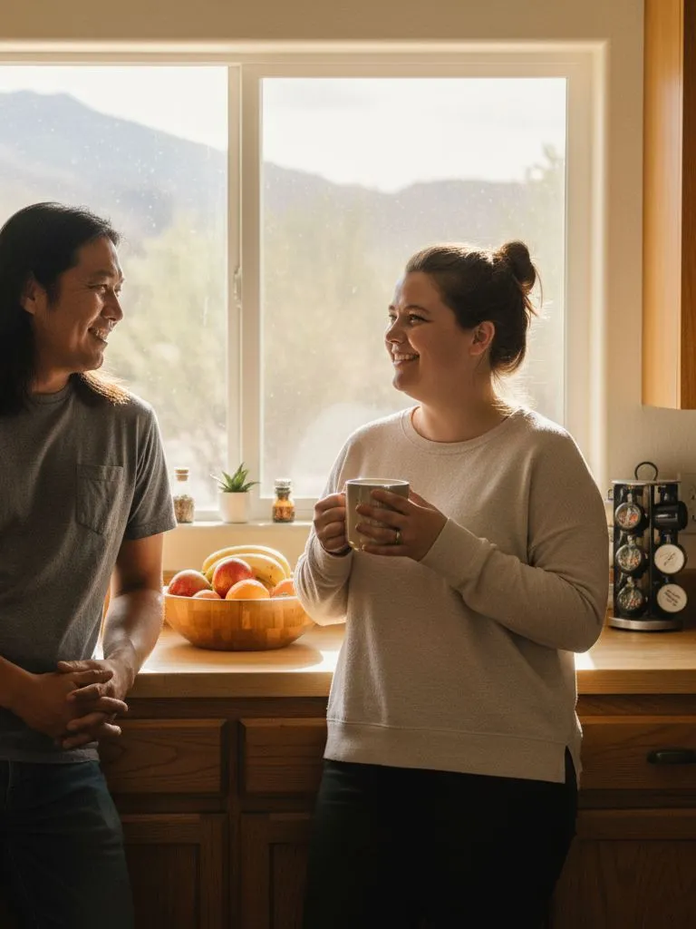 The couple talking over morning coffee in their vacation home kitchen, desert light through the window