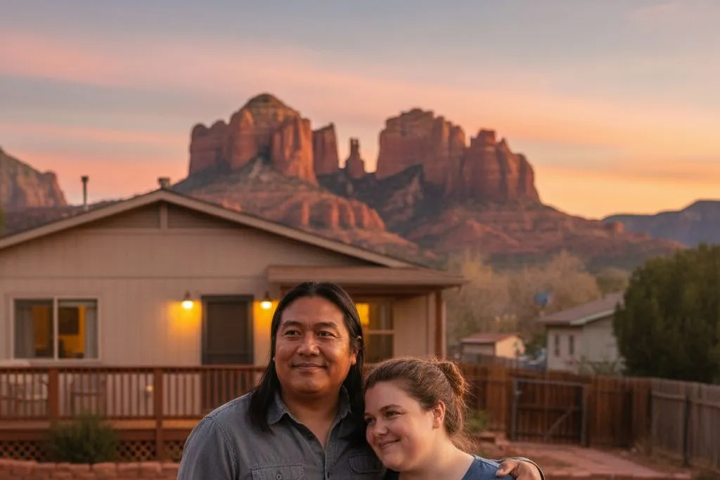A couple standing at their patio railing at golden hour, their modest vacation home and Sedona red rocks behind them