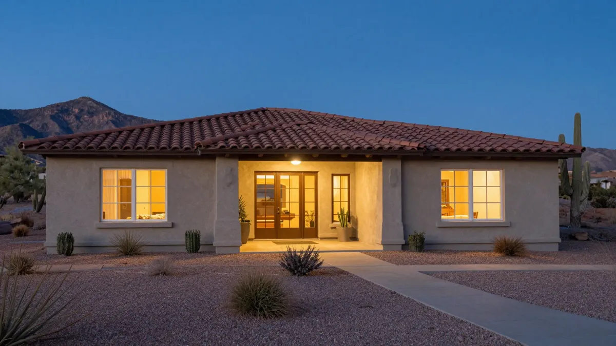 Well-kept Arizona ranch home at twilight with warm interior lights and desert landscaping