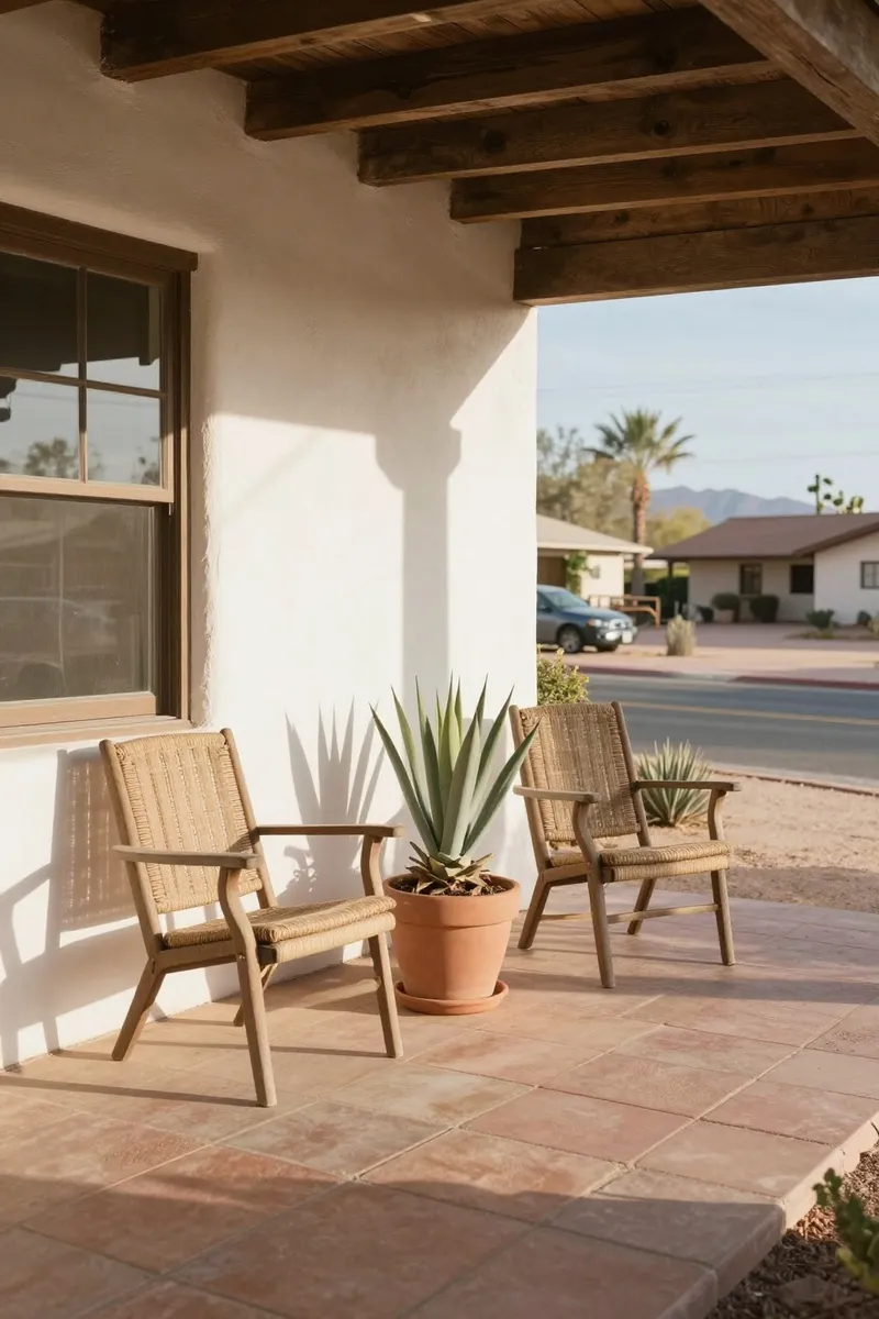 Welcoming Southwest front porch with chairs and a potted agave in morning light