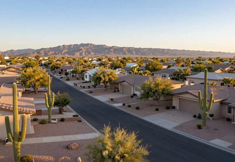 Quiet Arizona suburban street at golden hour with desert homes and mountains on the horizon
