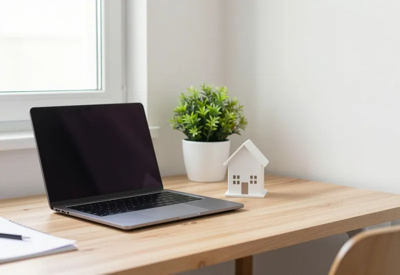 Bright, uncluttered home-office corner with a closed laptop, a small house model, and a houseplant