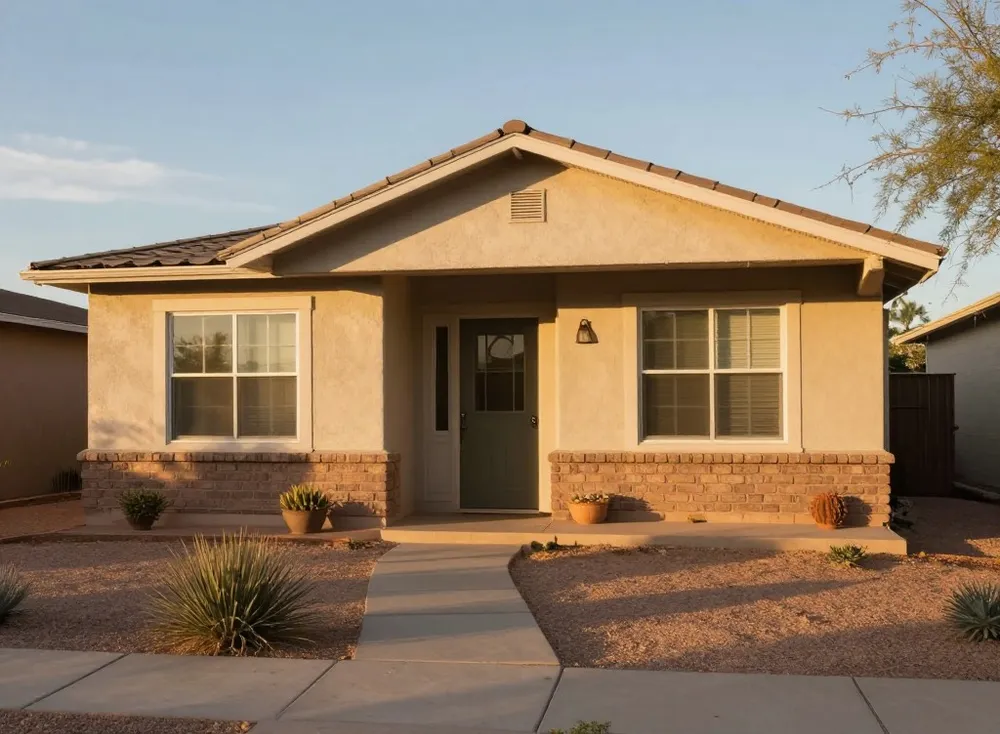 Front porch of a modest Arizona starter home with desert landscaping