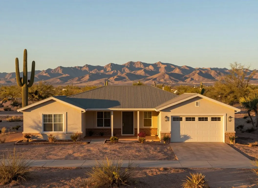 Modest single-story ranch home with a front porch at the edge of Arizona farmland