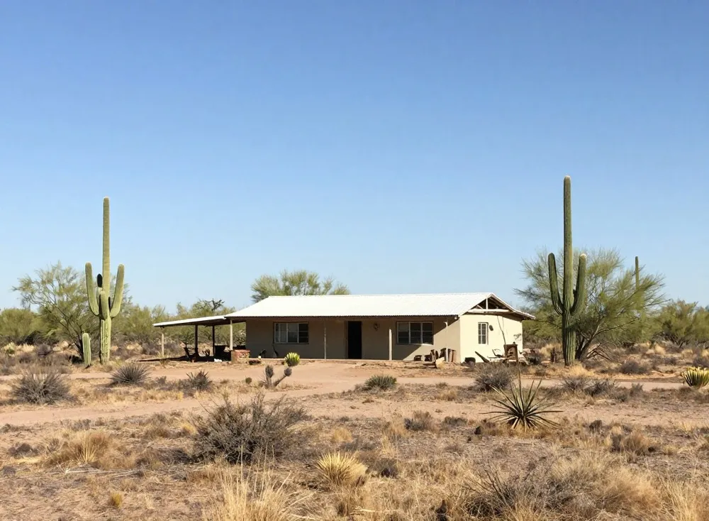 Small ranch house near open fields and desert vegetation in rural Arizona