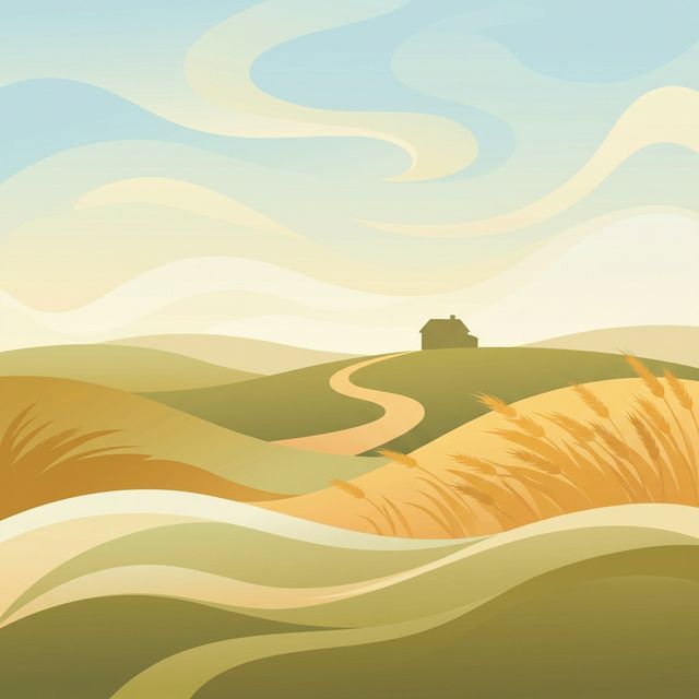 Pastoral rolling hills and farmhouse illustration representing rural tranquility