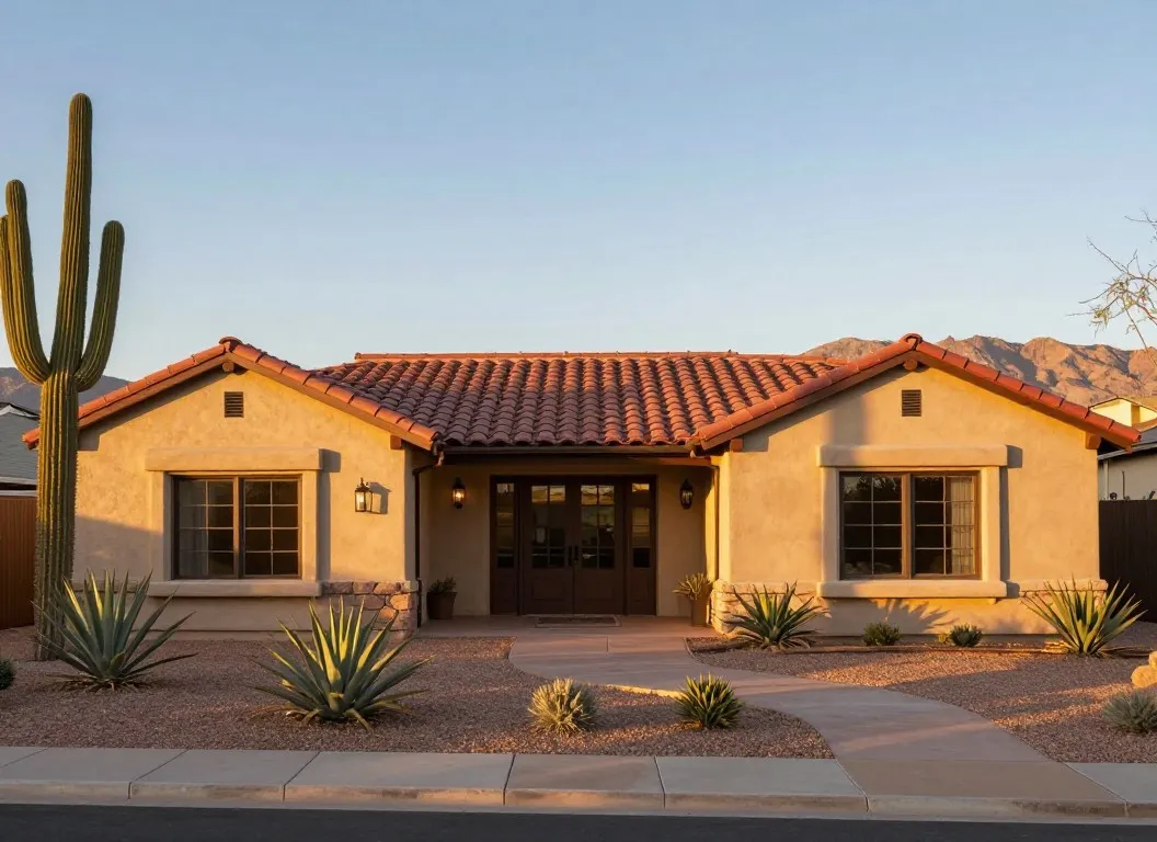 Arizona desert home with red tile roof at golden hour