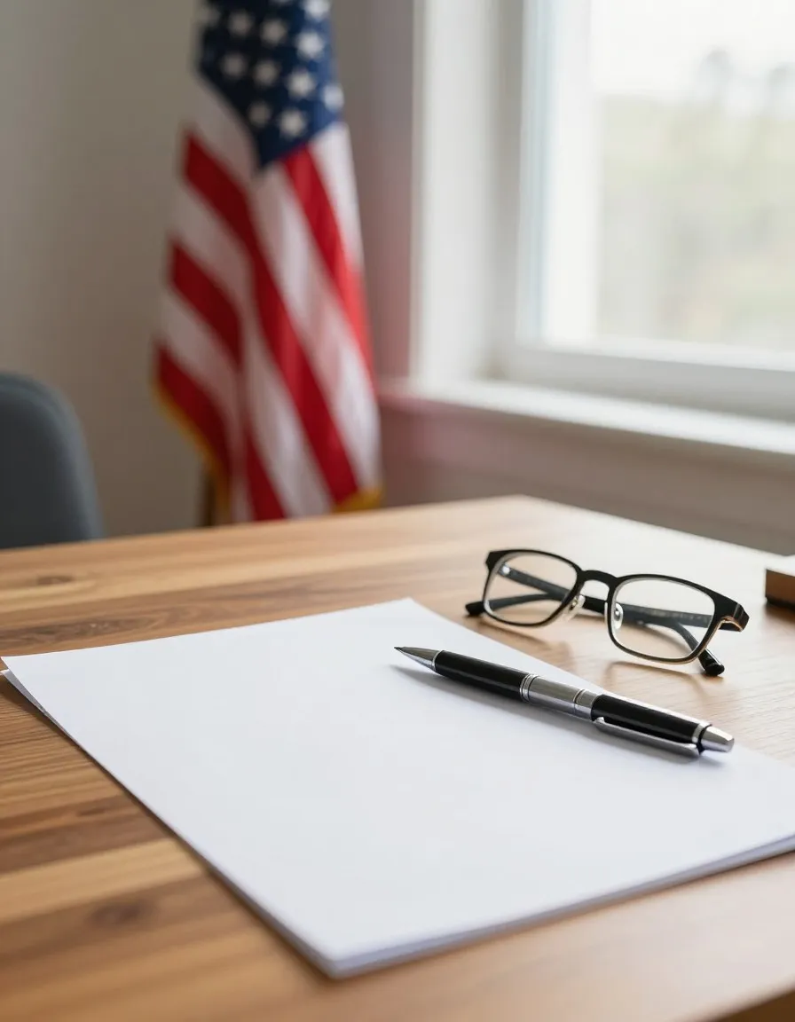 Loan paperwork, a pen, and reading glasses on a desk beside a bright window, an American flag in the background