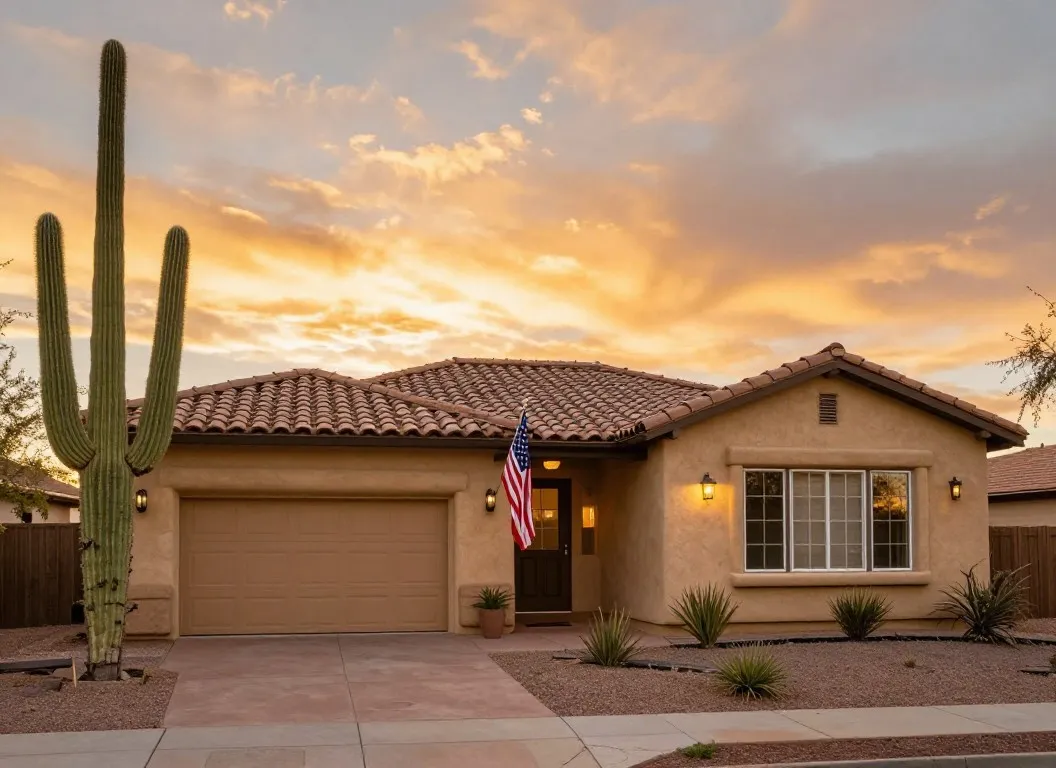 Arizona single-family home at golden hour with an American flag beside the porch