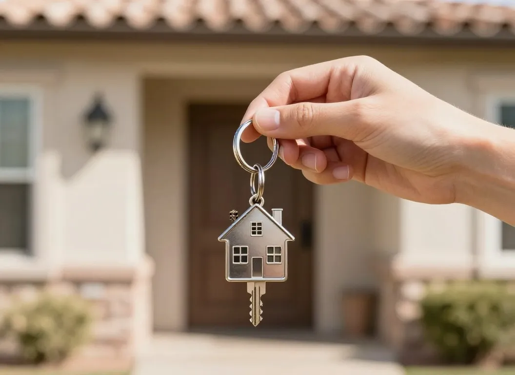 New homeowner holding house keys with a house-shaped keychain outside an Arizona home