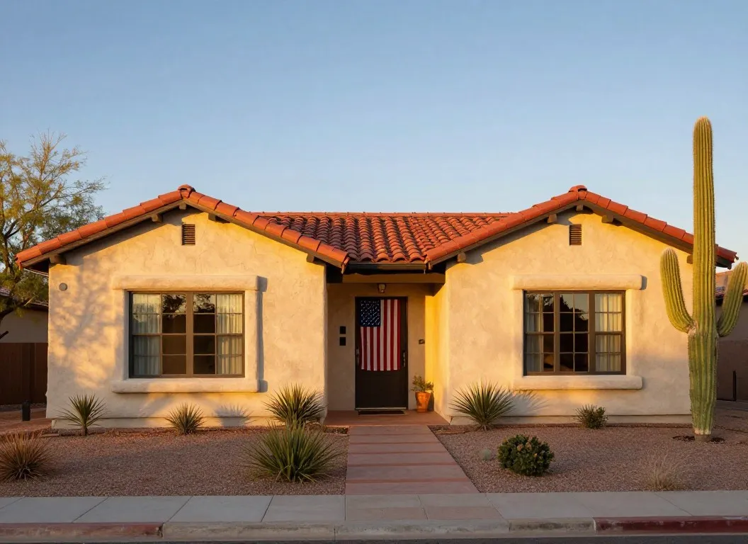 Arizona ranch home with a red tile roof and an American flag by the front door at sunset