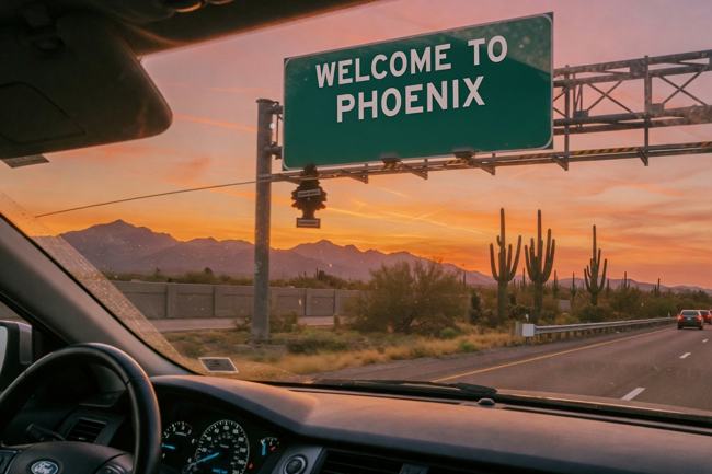 Green highway sign reading Welcome to Phoenix at sunset, seen through a car windshield with mountains and saguaro cacti on the horizon