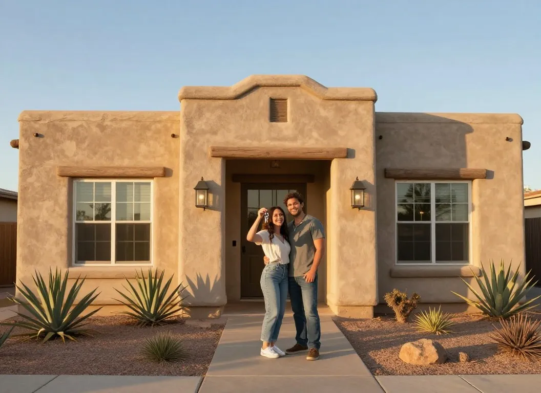 Happy buyers holding keys on the porch of a new Arizona adobe-style home at golden hour