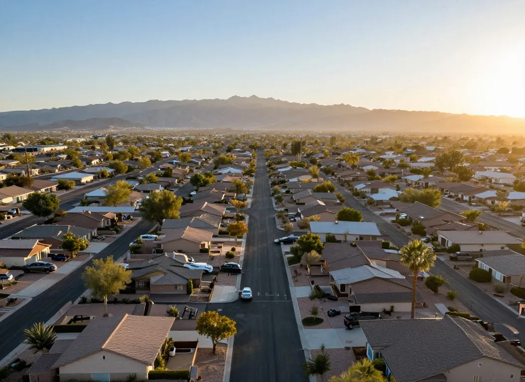 Aerial view of a suburban Arizona neighborhood with desert landscaping at golden hour