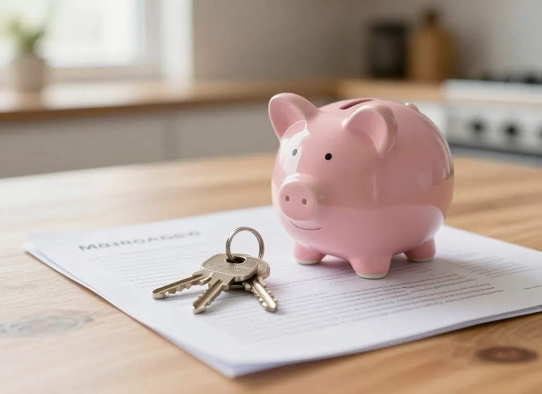 A piggy bank and house keys resting on mortgage paperwork