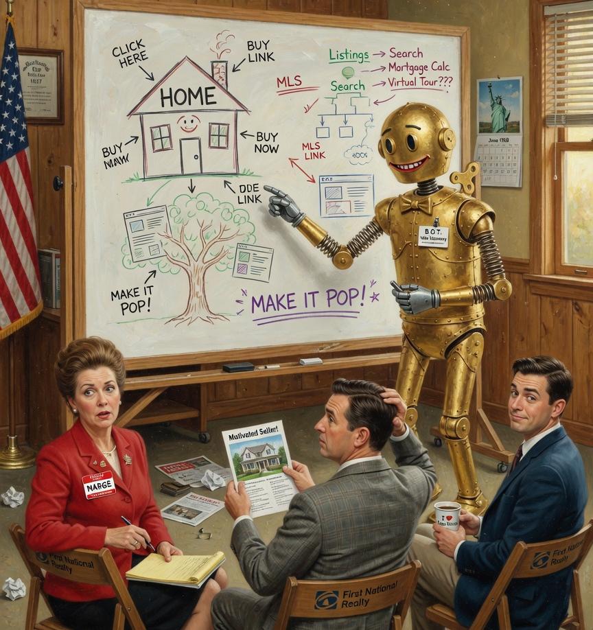 A mid-century robot presenting a website sketch to a room of real-estate agents